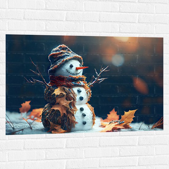 Muursticker - Sneeuwpop met Takken Armen tussen de Herfstbladeren - 105x70 cm Foto op Muursticker