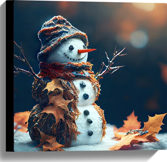 Canvas - Sneeuwpop met Takken Armen tussen de Herfstbladeren - 40x40 cm Foto op Canvas Schilderij (Wanddecoratie op Canvas)
