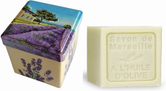 Metalen zeepblik vierkant met opdruk Vue Provence met zeepblok Olijfolie – Vintage voorraadblik – Franse handzeep – Marseille zeep Marseillezeep