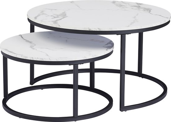 Table Basse Moderne - Set de 2 - Table Basse - Table d'Appoint - 2 Pièces - Table Basse Ronde - Wit - Aspect Marbre - 80 et 40 cm