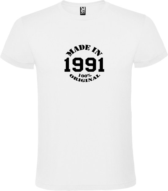Wit T-Shirt met “Made in 1991 / 100% Original “ Afbeelding Zwart Size XXXXXL