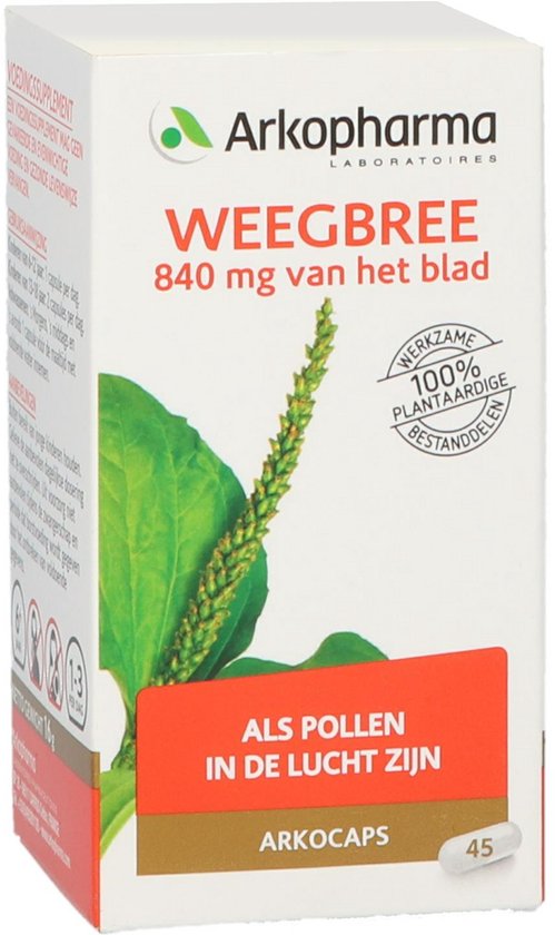 Doosje Arkocaps Weegbree met 840 mg van het blad, tekst 'Als pollen in de lucht zijn' en afbeelding van weegbree.