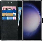 Rosso Deluxe Echt Leer Book Case Hoesje Geschikt voor Samsung Galaxy S23 Ultra | Ruimte voor drie pasjes | Portemonnee Book Case | Met Pasjeshouder | Zwart