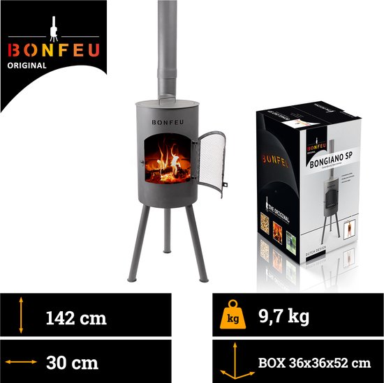 Grijze BonFeu tuinhaard met brandend hout, met naast de doos en afmetingen.