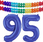 Folat folie ballonnen - Leeftijd cijfer 95 - blauw - 86 cm - en 2x slingers