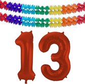 Folat folie ballonnen - Leeftijd cijfer 13 - rood - 86 cm - en 2x slingers