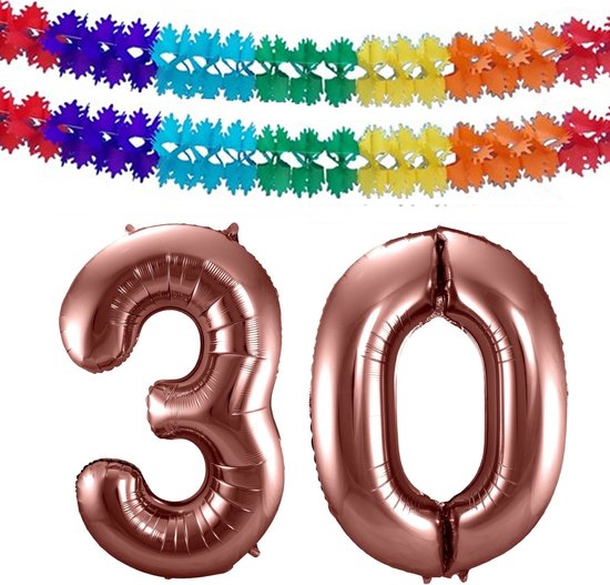 Folat folie ballonnen - Leeftijd cijfer 30 - brons - 86 cm - en 2x slingers