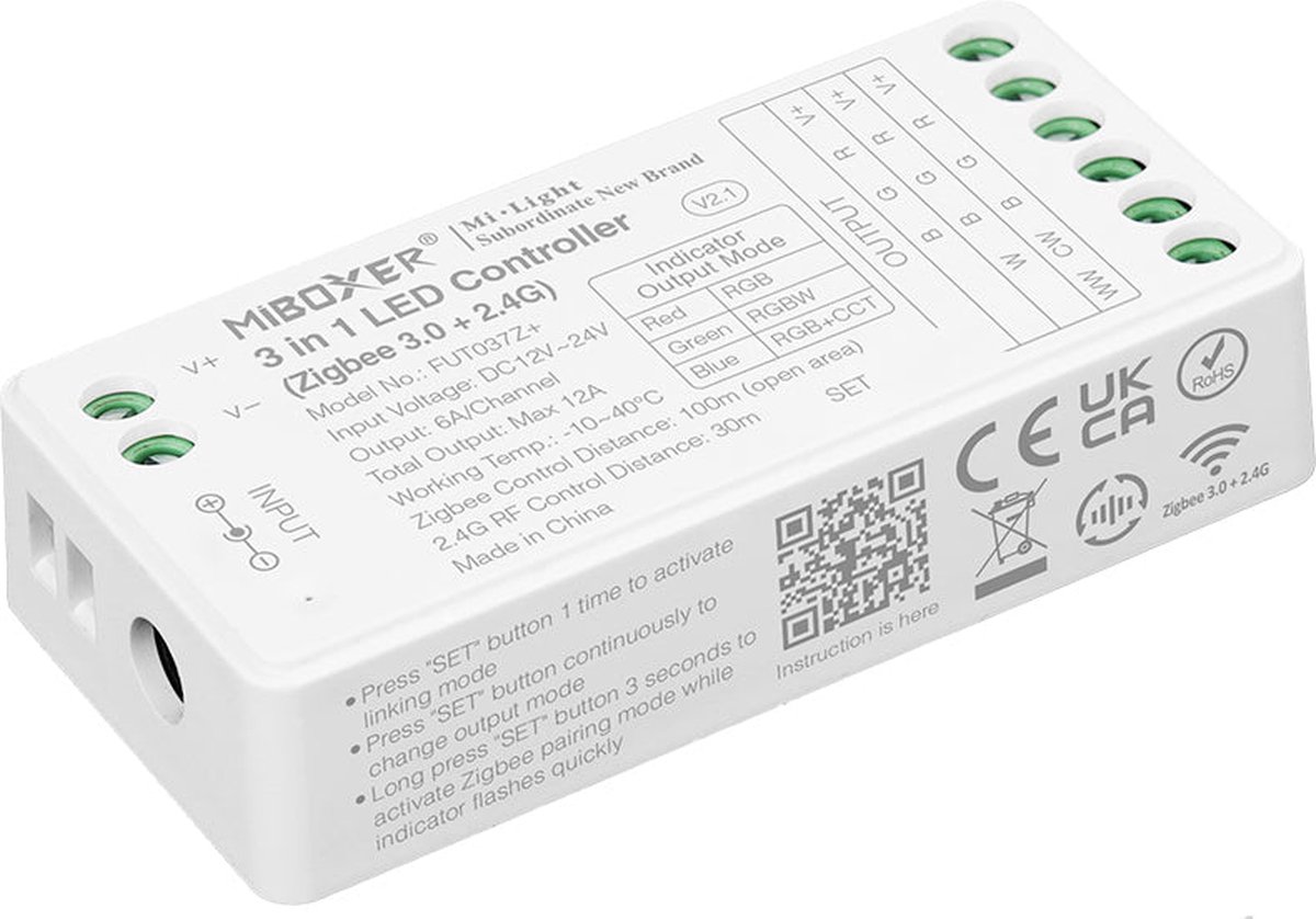 Mi-Light Mi-Boxer - (FUT037Z+) - 3 in 1 LED controller - RGB + RGBW + RGB+CCT (Zigbee 3.0 + 2.4GHz) - Voor besturing van een RGB, RGBW of RGB+CCT LED strip - Zigbee bediening en/of Mi-boxer 2.4GHz afstandsbediening - Voedingsadapter niet inbegrepen