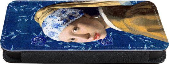 Telefoonhoesje Geschikt voor iPhone 13 Mini telefoonhoesje - Meisje met de parel - Delfts blauw - Vermeer - Bloemen - Schilderij - Oude meesters - Met vakjes - Wallet case met magneetsluiting