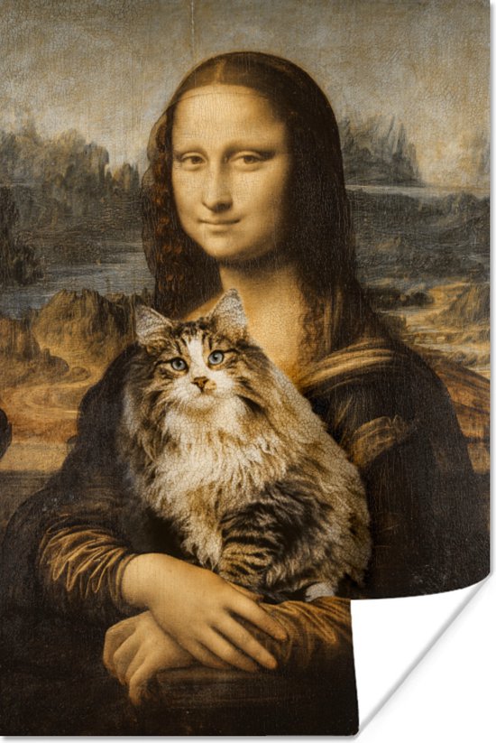 Poster Mona Lisa - Kat - Leonardo da Vinci - Vintage - Kunstwerk - Oude meesters - Schilderij - 20x30 cm