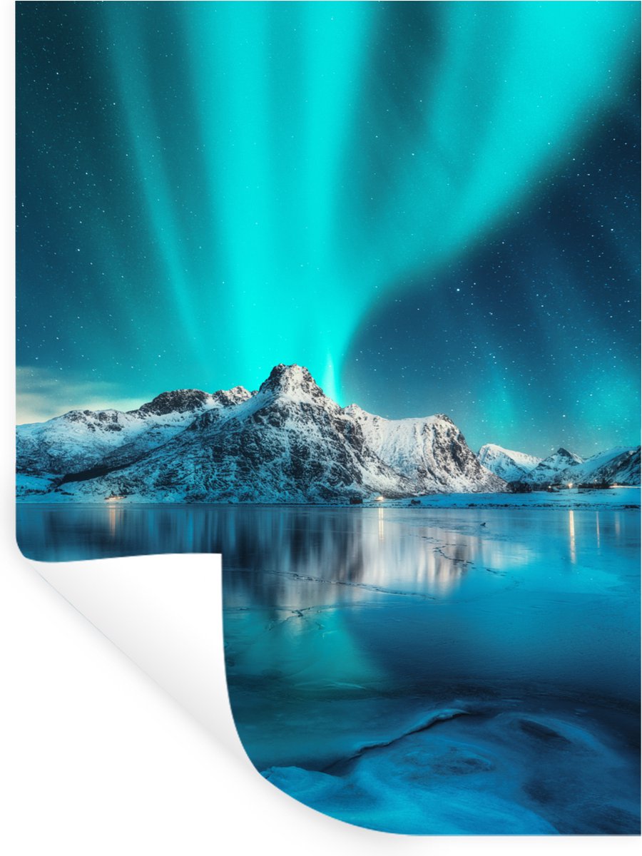 Muurstickers - Sticker Folie - Noorderlicht - IJs - Sneeuw - Noorwegen - Blauw - Bergen - 