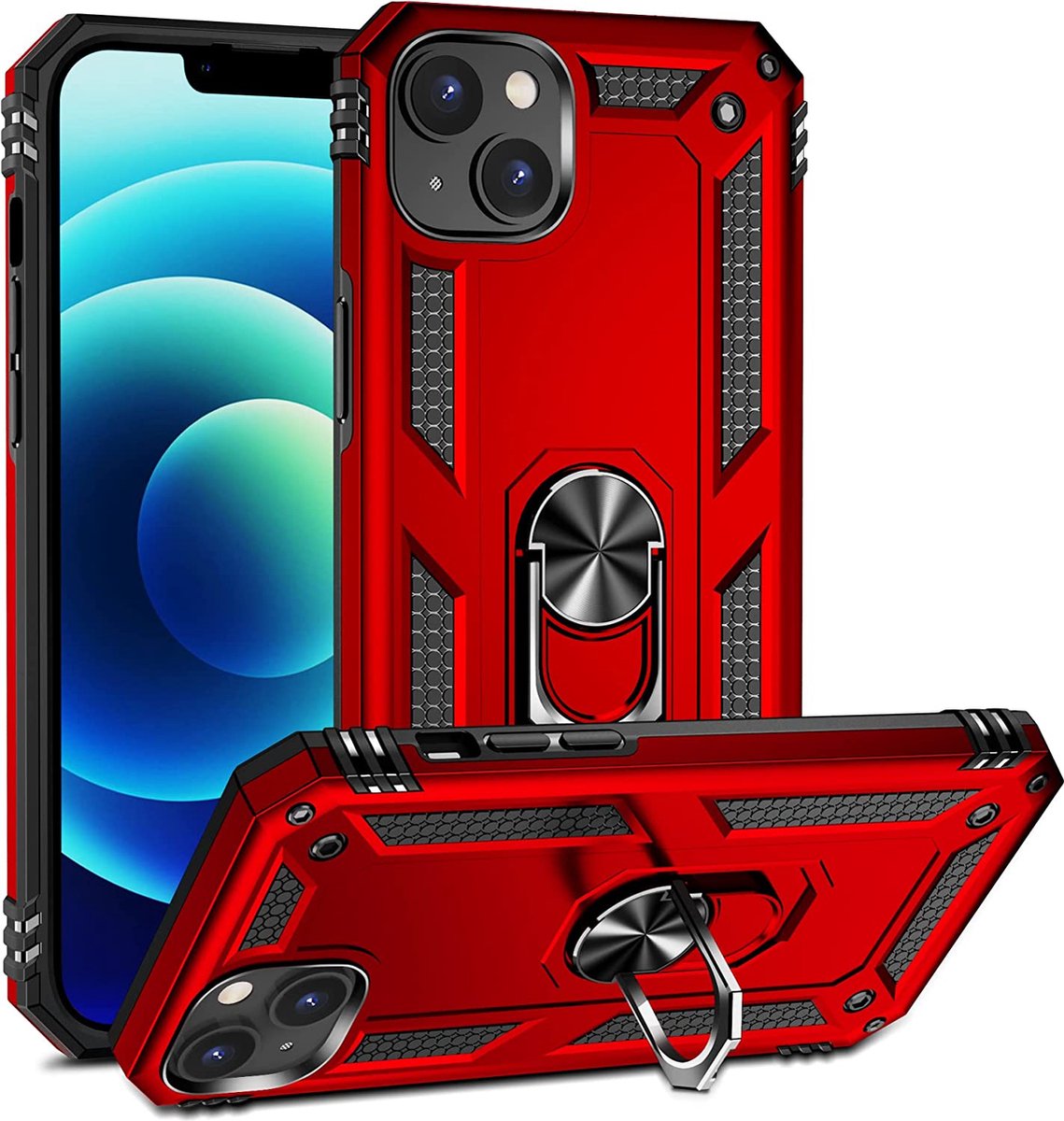 Anti-Shock Hybrid Ring Armor Hoesje Geschikt voor: iPhone 14 Plus - rood
