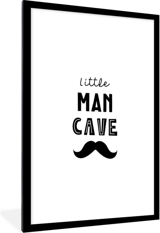 Affiche avec le texte 'little MAN CAVE' et une moustache, dans un cadre noir.
