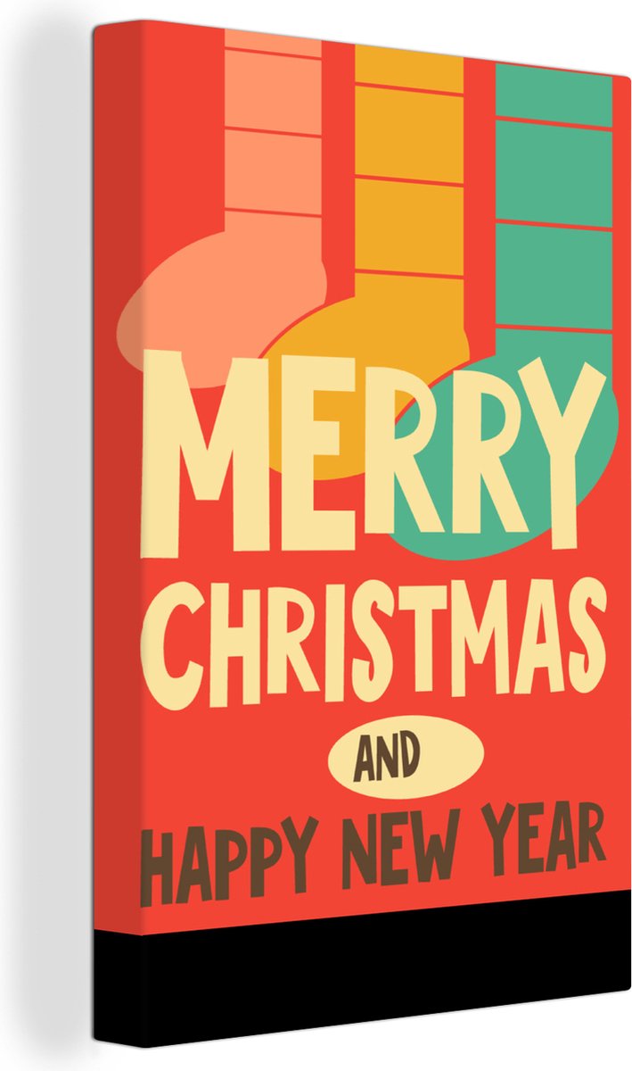 Canvas Schilderij Kerstsokken - Illustratie - Kerstmis - Quotes - Spreuken - Merry Christmas and Happy New Year - Rood - 20x30 cm - Wanddecoratie