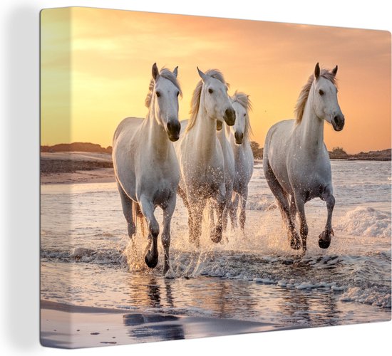 Canvas Schilderij Paarden - Zon - Zee - Strand - Dieren - 120x90 cm - Wanddecoratie