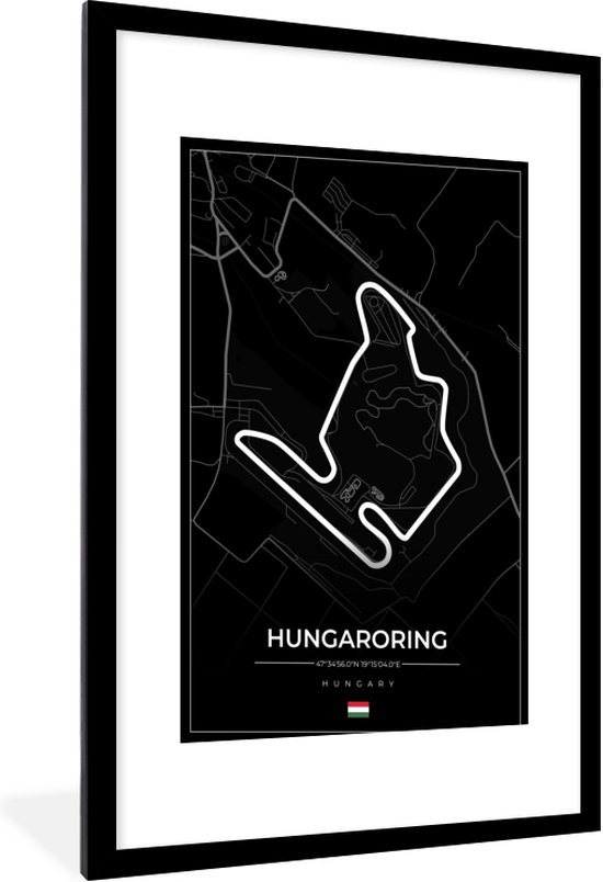 Fotolijst incl. Poster - F1 - Hongarije - Auto - Racebaan - Hungaroring - Zwart - 60x90 cm - Posterlijst