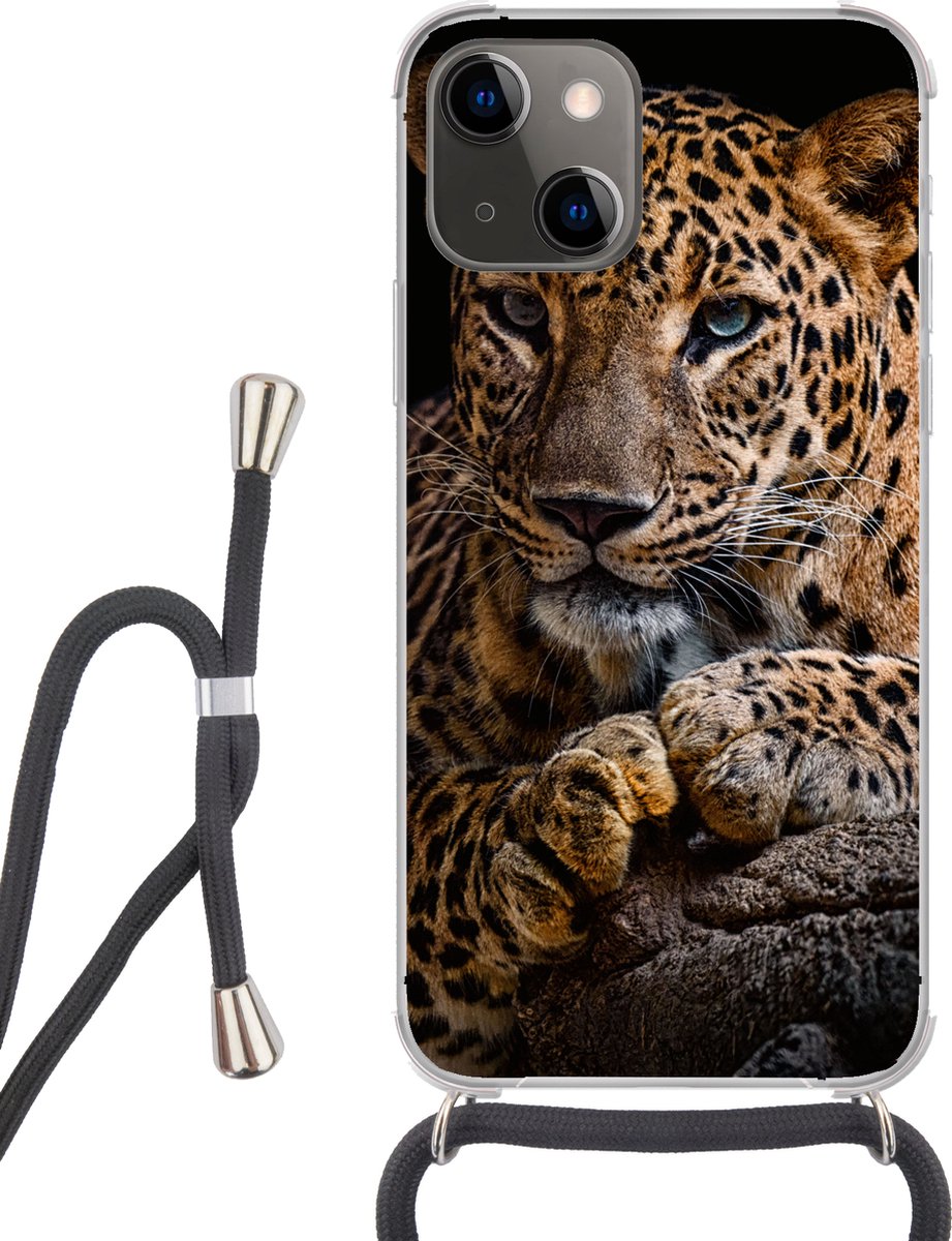 Telefoonhoesje Geschikt voor iPhone 13 - Wilde dieren - Panter - Portret - Zwart - Dieren - Siliconen - Crossbody - Backcover met Koord - Telefoonhoesje met koord - Hoesje met touw Telefoonhoesje