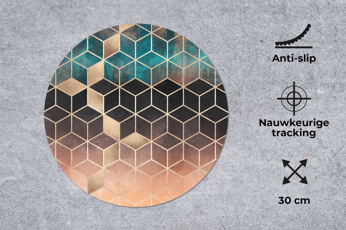 Muismat rond 30x30 cm - Mousepad Abstract - Kubus - Goud - Patronen - Luxe - Ronde muismatten