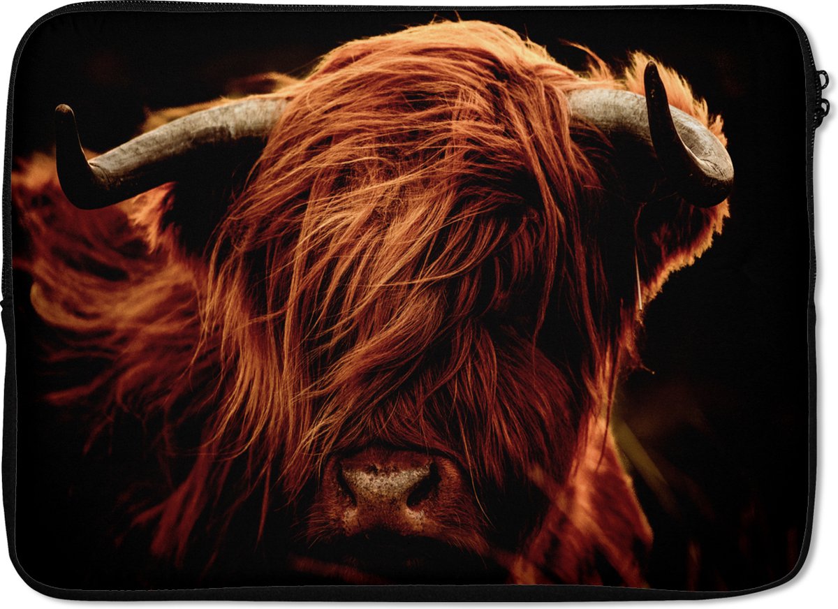 Laptophoes 14 inch - Schotse hooglander - Koe - Hoorns - Portret - Dieren - Laptop sleeve - Binnenmaat 33x23 cm - Zwarte achterkant