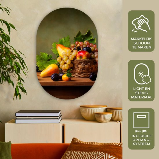 Ovale mural - Ovale mural - Décoration murale en plastique - Tableau ovale - Rustique - Corbeille - Fruits - Nature morte - 60x90 cm - Forme miroir ovale sur plastique