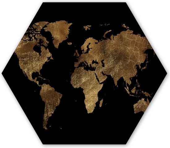 Hexagon wanddecoratie - Kunststof Wanddecoratie - Hexagon Schilderij - Wereldkaart - Goud - Luxe - Aarde - Zwart - 120x103 cm