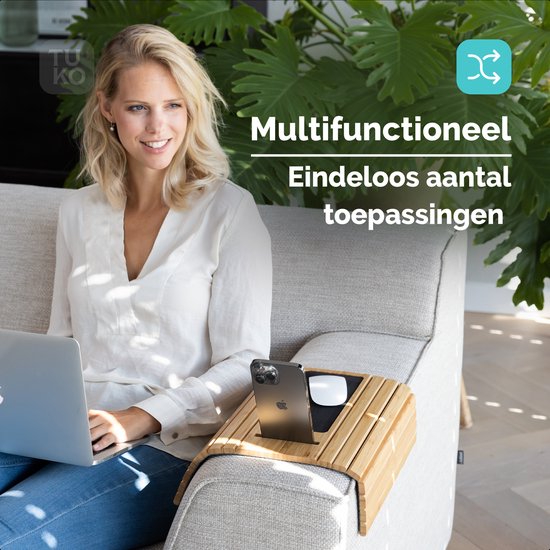 Plateau d'accoudoir Tuko - Bamboe - Flexible - Antidérapant - Support de téléphone - Organiseur - Rectangle Dienbled - Plateau carré