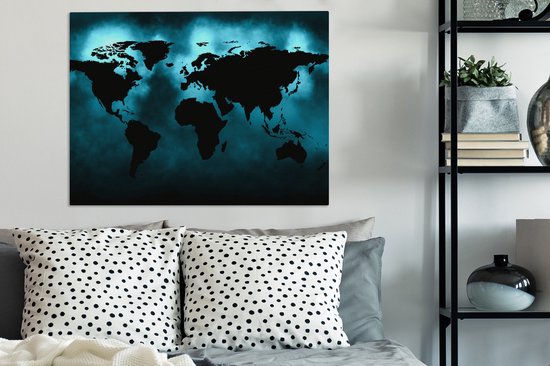 Wereldkaart Toile - 80x60 - Décoration murale Wereldkaart - Zwart - Blauw