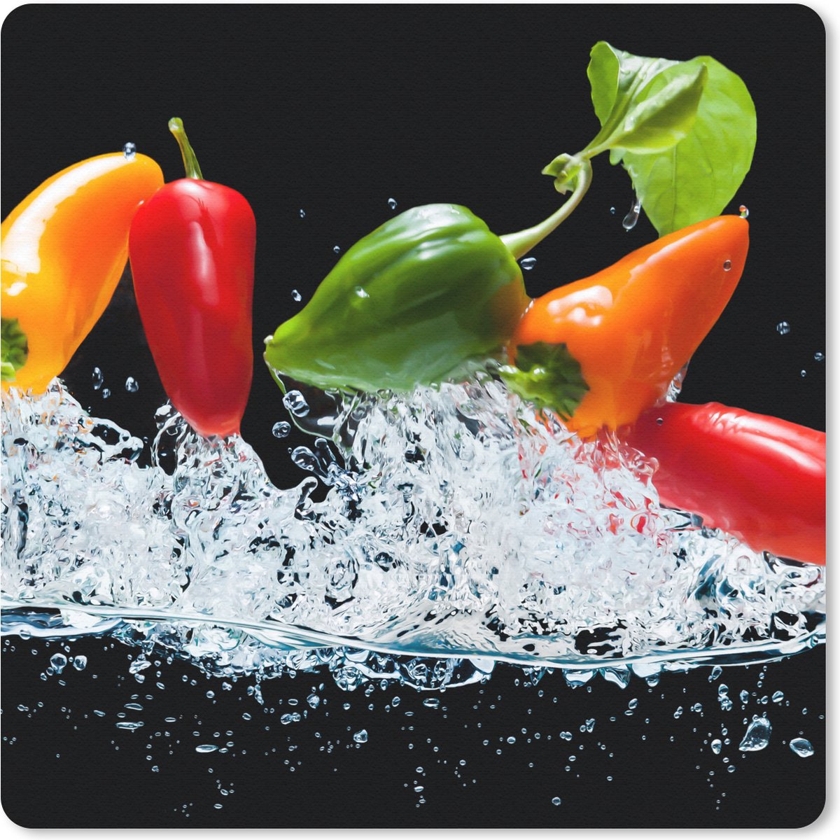 Muismat 20x20 cm - Mousepad Pepers - Zwart - Groenten - Water - Blad - Muismatten