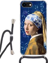 Hoesje met koord Geschikt voor iPhone SE 2020 - Meisje met de parel - Delfts blauw - Vermeer - Bloemen - Schilderij - Oude meesters - Siliconen - Crossbody - Backcover met Koord - Telefoonhoesje met koord - Hoesje met touw