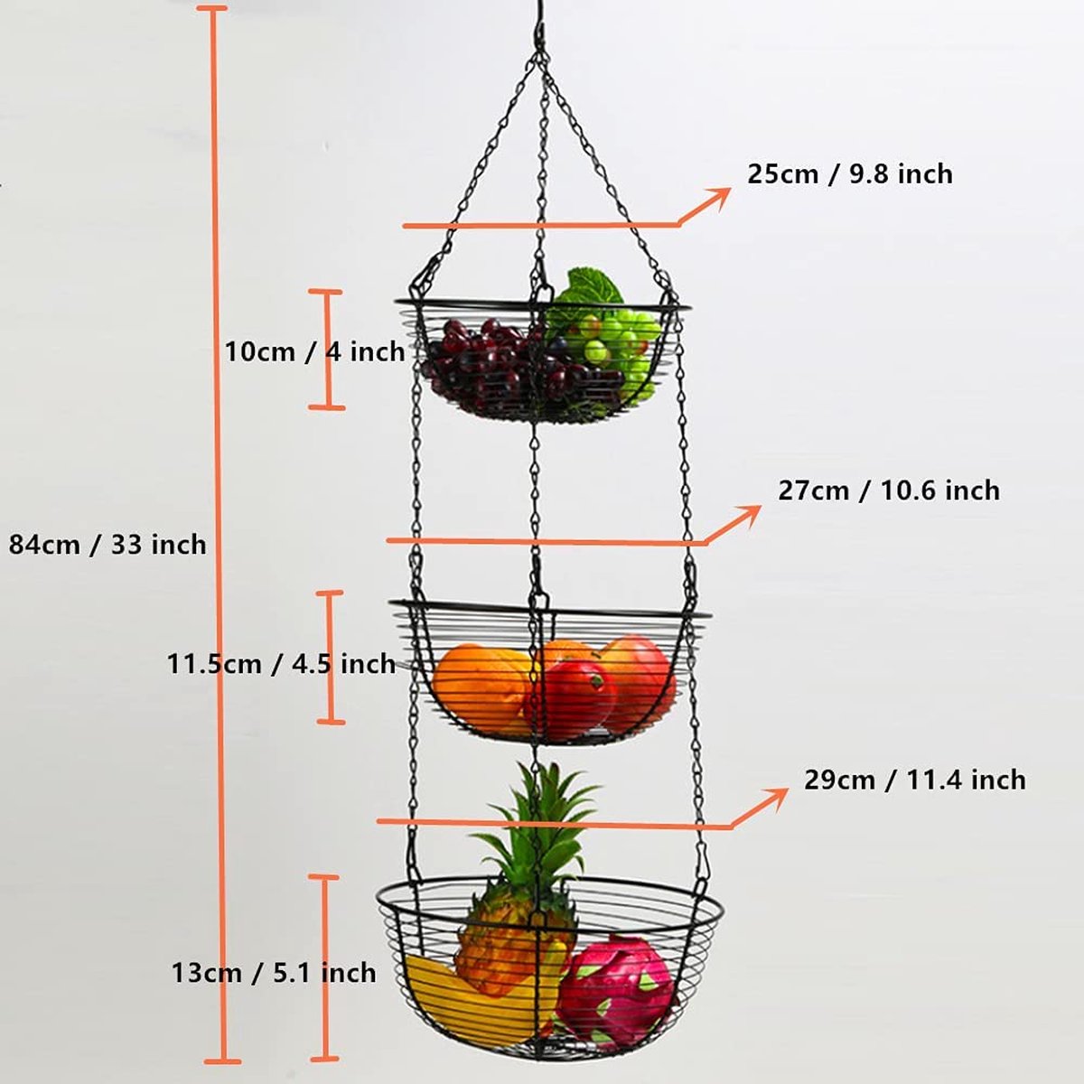 Fruitmand hangend met 3 etages voor opslag, fruit- en groentemanden met haken, ijzer