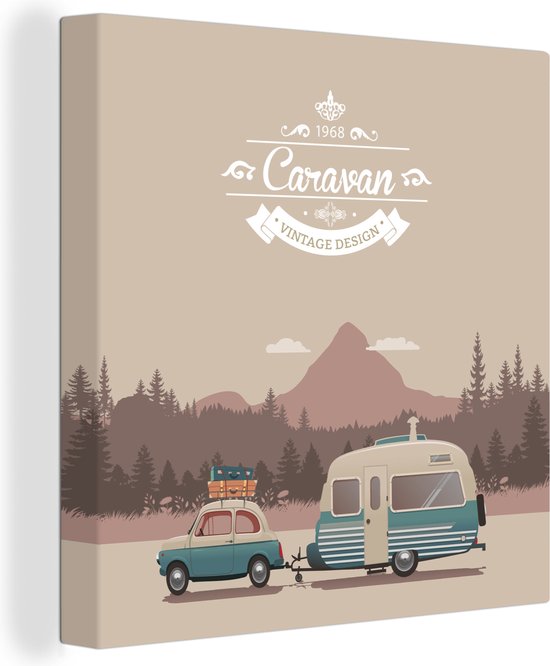 Canvas Schilderij Illustratie van een vintage caravan in de bergen - 20x20 cm - Wanddecoratie