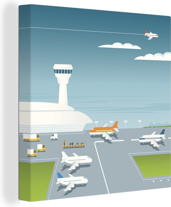 Canvas Schilderij Een illustratie van een luchthaven met verschillende vliegtuigen - 50x50 cm - Wanddecoratie
