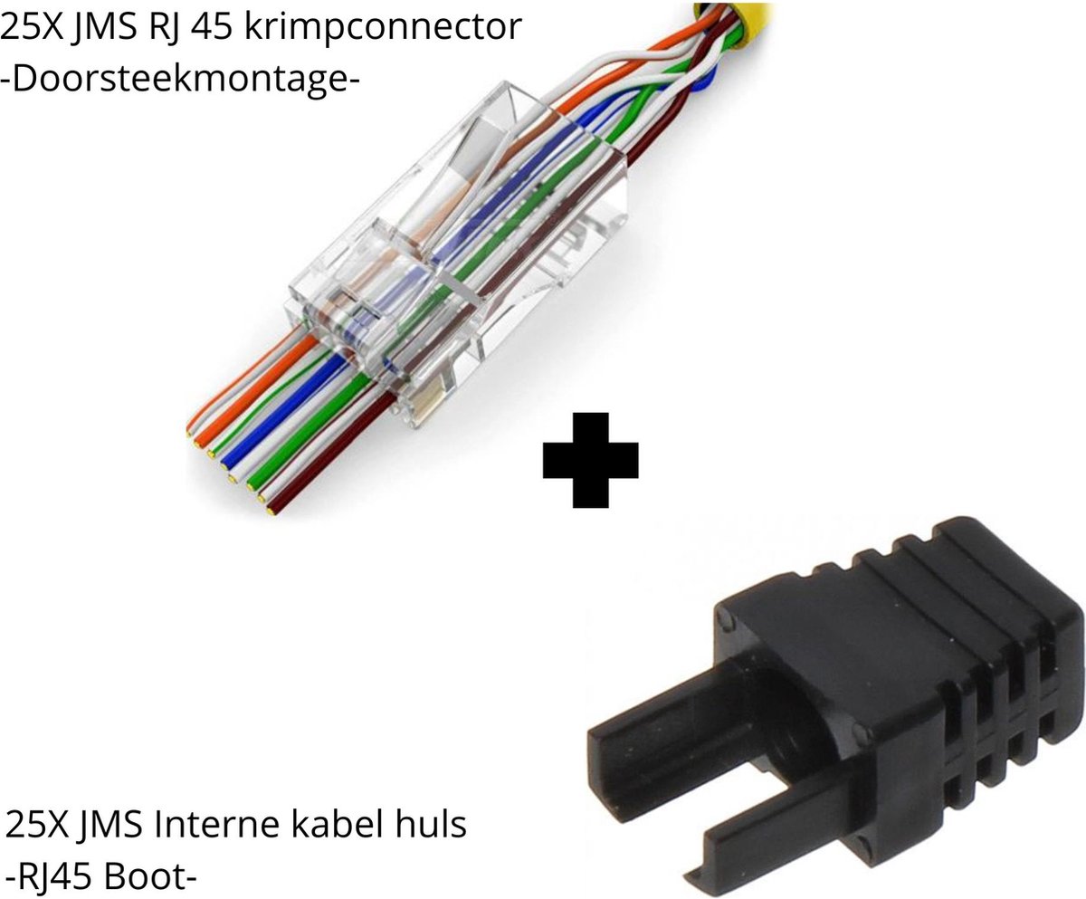 25x JMS® RJ45 EZ Type Krimp Connector Met Doorsteekmontage Voor CAT5, CAT5e en CAT6 UTP Netwerkkabel PLUS 25x JMS Interne Kabel Huls - RJ45 Boot - Cable Boot - Tule Voor RJ45 Connector Zwart