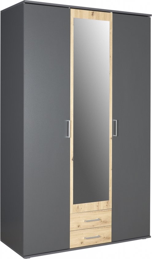 Woonexpress Kledingkast Beugen Grijs - 120x196x54 cm (BxHxD) - Draaideur Kast - Compleet met planken en roede - Met spiegel en lades - Slaapkamer