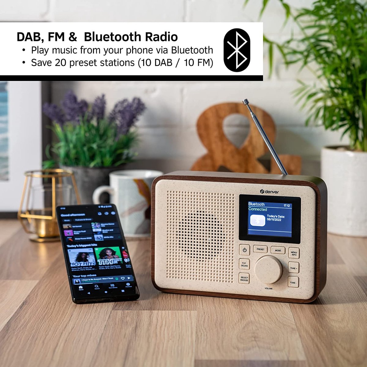 Denver DAB-48WHITE Radio portable Personnel Numérique Blanc, Bois