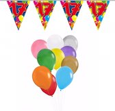 Folat - Verjaardag 17 jaar feest thema set 50x ballonnen en 2x leeftijd print vlaggenlijnen