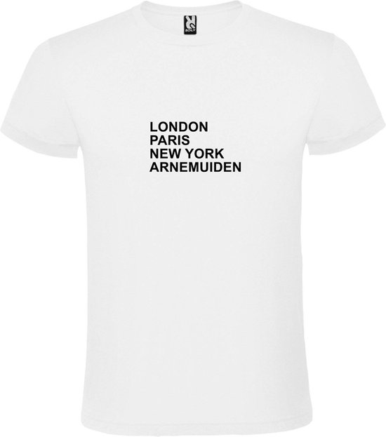 Wit T-Shirt met “ LONDON, PARIS, NEW YORK, ARNEMUIDEN “ Afbeelding Zwart Size XXXL