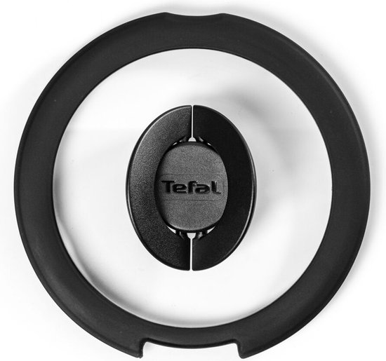 Glazen deksel met zwart silconen rand en handvat met "Tefal" logo.