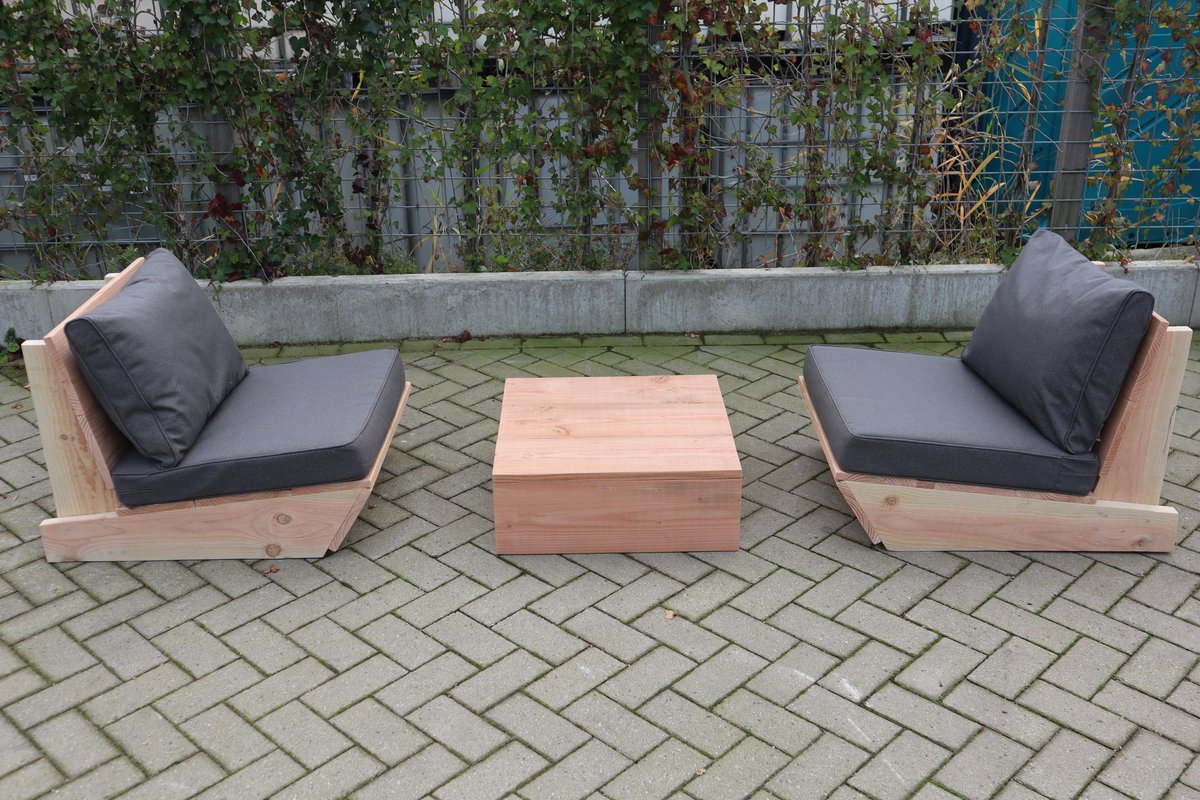 Set van 2 bankjes 60cm & tafel “Sauna” van douglas hout – Antraciete kussens – relax bank set – Loungebank – Lage zetel - 2 persoons