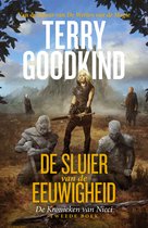 Boekomslag 'De Sluier van de Eeuwigheid' van Terry Goodkind. Nicci in wapenuitrusting met zwaard, omringd door standbeelden en magische figuren.