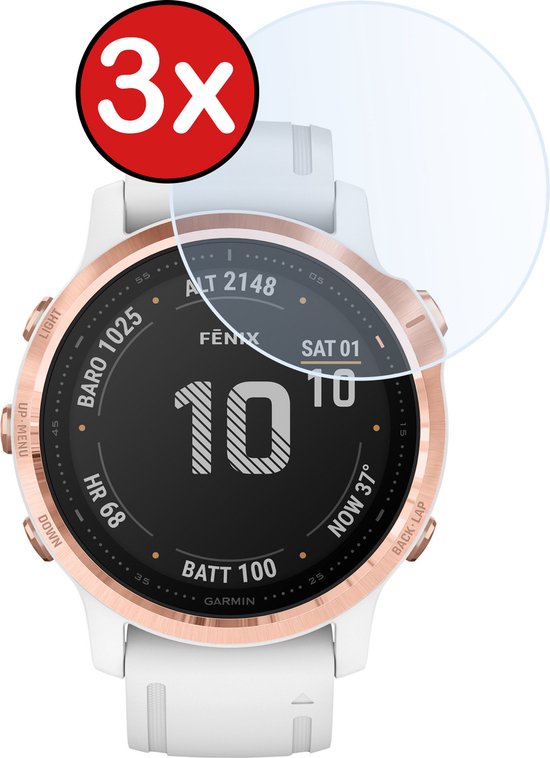 Garmin Fenix met witte band en rosé gouden ring, met een gehard glas overlay en een rode cirkel met '3x'.