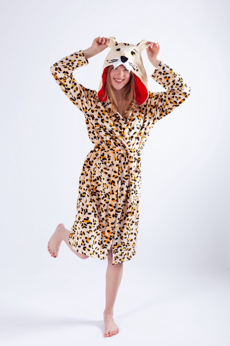 KIMU® Badjas Luipaard Kind - maat 110-116 - Panterprint Ochtendjas Luipaardprint - Jongens Meisjes - Kinder Pyjama Cheetah Pak Panter Kamerjas Capuchon Festival