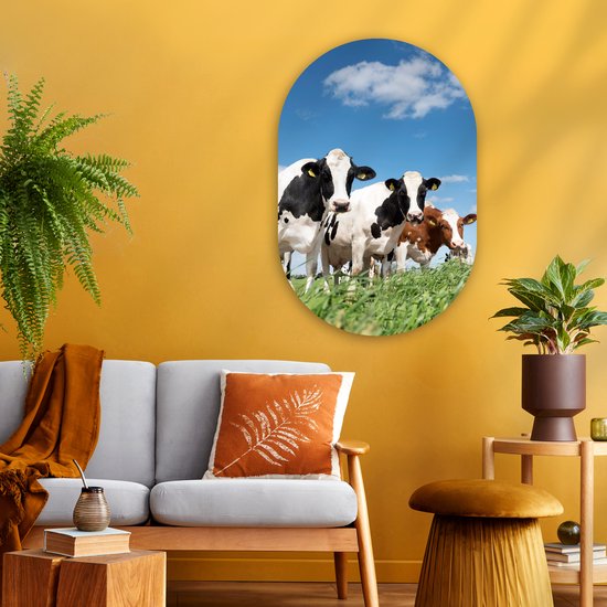 Ovale Mural - Ovale Mural - Décoration murale Plastique - Peinture Ovale - Vaches - Campagne - Pâturage - Nature - Animaux - 60x90 cm - Forme miroir ovale sur plastique