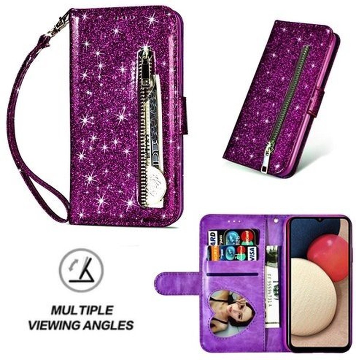 Samsung A02s Glitter Hoesje Met Pasjeshouder Bookcase Paars