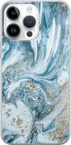 Casimoda® hoesje - Geschikt voor iPhone 14 Pro Max - Marble Sea - Siliconen/TPU telefoonhoesje - Backcover - Marmer - Blauw