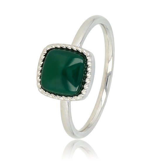 My Bendel - Zilverkleurige ring met vierkanten Green Agate edelsteen - Opvallende ring met donker Green Agate edelsteen - Met luxe cadeauverpakking