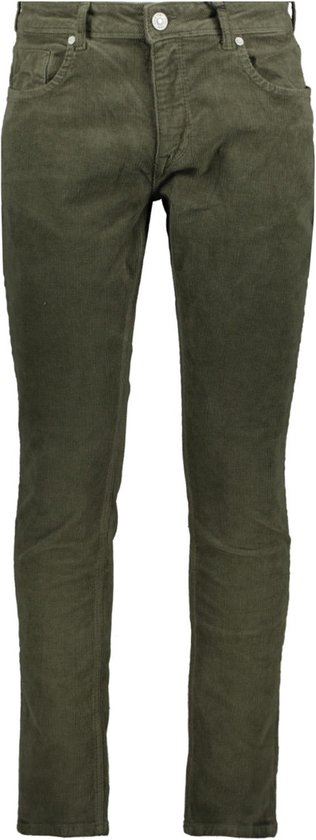 Voorkant van een groene corduroy broek met rechte pijpen.