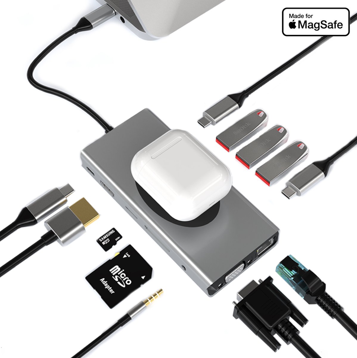 iMounts USB-C hub ethernet - USB3.0 - HDMI - SD reader - Draadloos opladen telefoon/AirPods