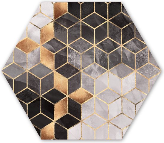 Hexagon wanddecoratie - Kunststof Wanddecoratie - Hexagon Schilderij - Abstract - Kubus - Goud - Patronen - Zwart - Wit - 120x103 cm