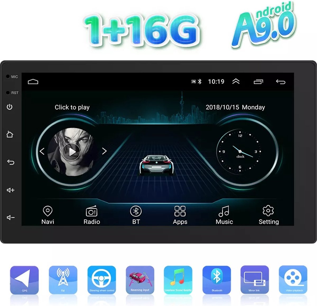 TechU™ Autoradio AT50 – 1 Din – 7” Touchscreen Monitor – GPS Navigatie – Bluetooth & Wifi – Android & iOS – Handsfree bellen – FM radio – USB – 16G ROM – 1G RAM